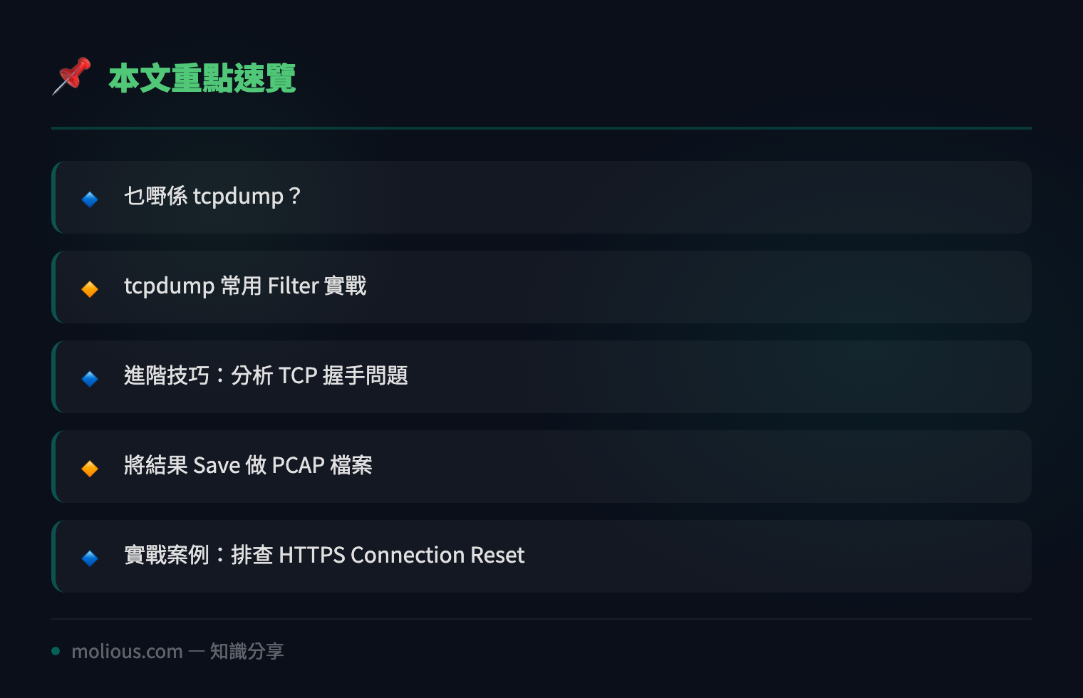 Linux 網絡排查神器 tcpdump 實戰教學：由入門到進階嘅封包分析技巧 - 文章重點速覽 infographic