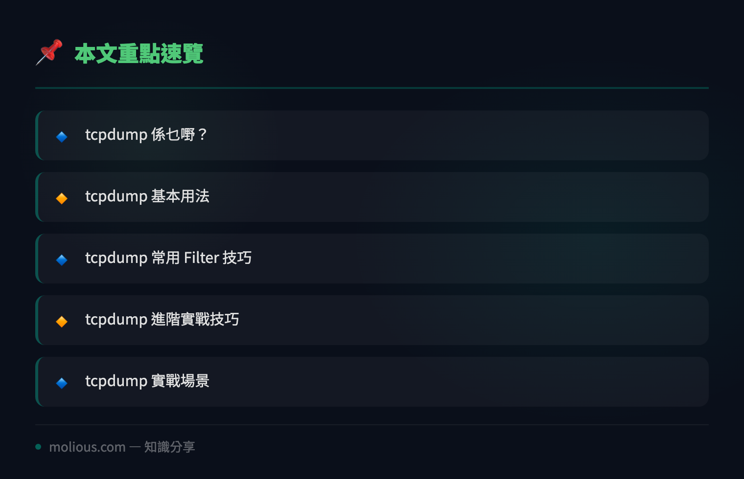 tcpdump 網絡排查實戰教學：由入門到進階嘅封包分析技巧 - 文章重點速覽 infographic