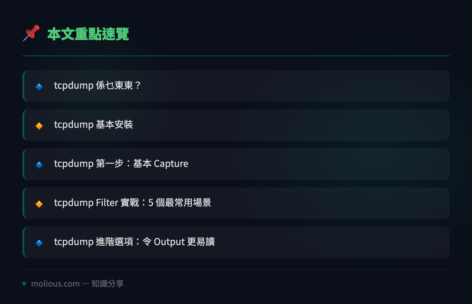tcpdump 網絡封包分析教學：5 個實用技巧由零開始學 Packet Capture - 文章重點速覽 infographic