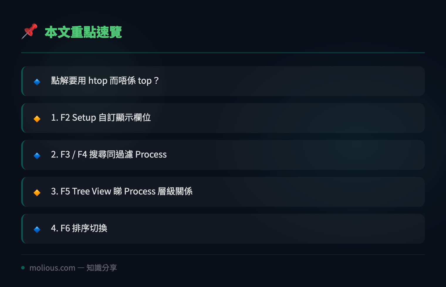 htop 進階用法：10 個你可能唔知嘅 Linux 效能監控秘技 - 文章重點速覽 infographic