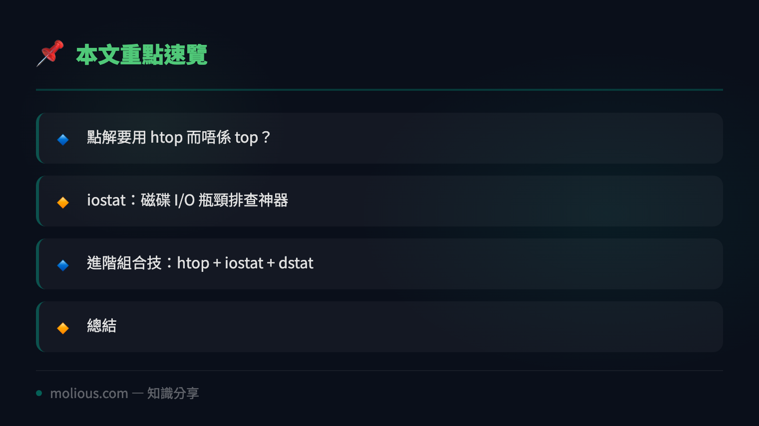Linux 效能監控：用 htop 同 iostat 快速排查伺服器瓶頸 - 文章重點速覽 infographic
