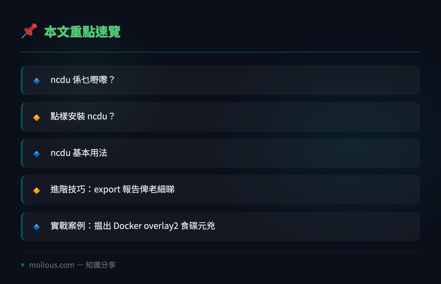 Linux 系統管理員必學:用 ncdu 快速搵出食碟怪獸 - 文章重點速覽 infographic