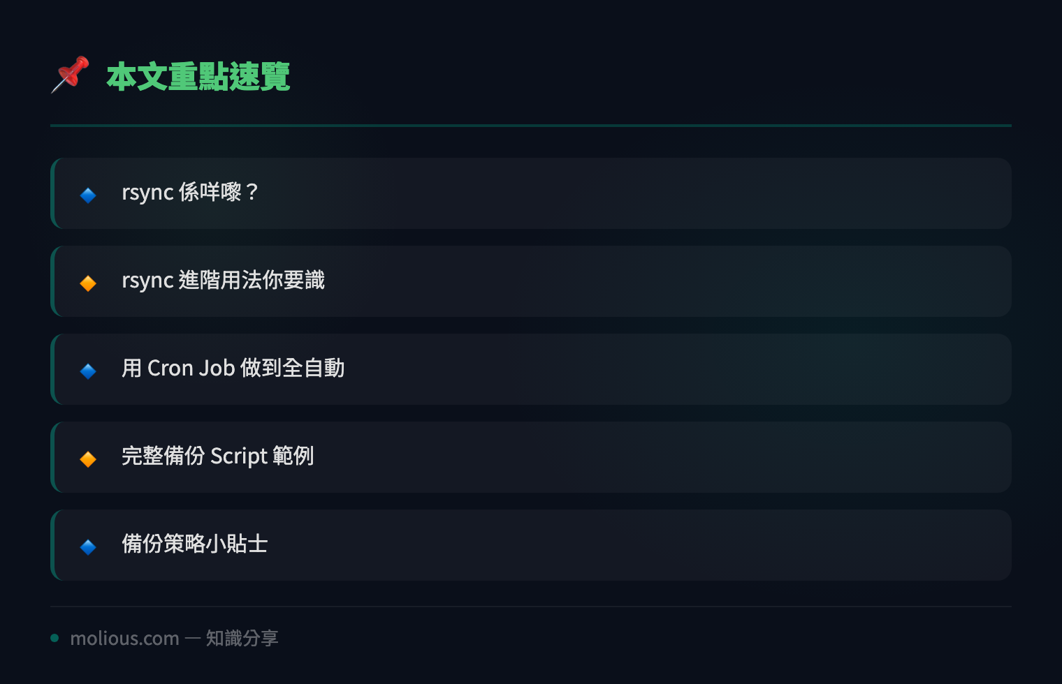 Linux rsync 自動備份教學：用 Cron Job 定時同步檔案保平安 - 文章重點速覽 infographic