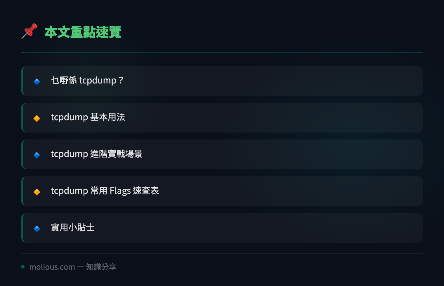Linux tcpdump 網絡排查實戰：由入門到進階嘅封包分析技巧 - 文章重點速覽 infographic