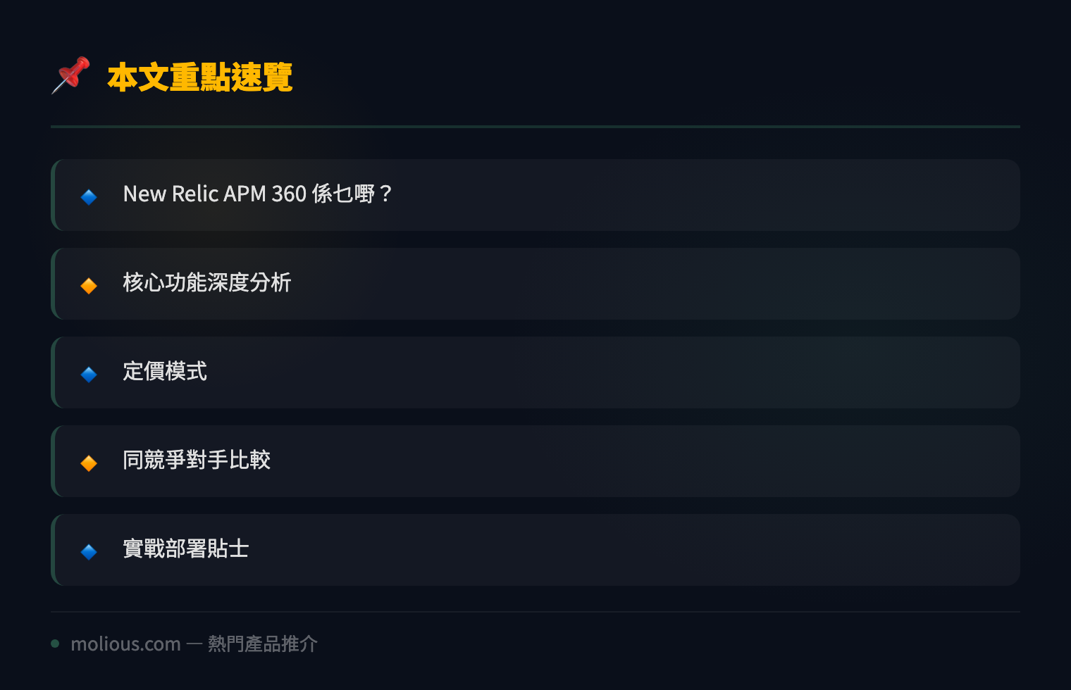 New Relic APM 360 全面評測：新一代 AI 驅動全棧式應用效能監控平台 - 文章重點速覽 infographic