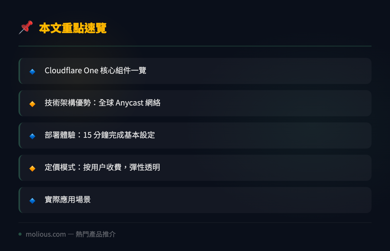 Cloudflare One 全面評測：企業級 SASE 平台一站式安全防護方案 - 文章重點速覽 infographic