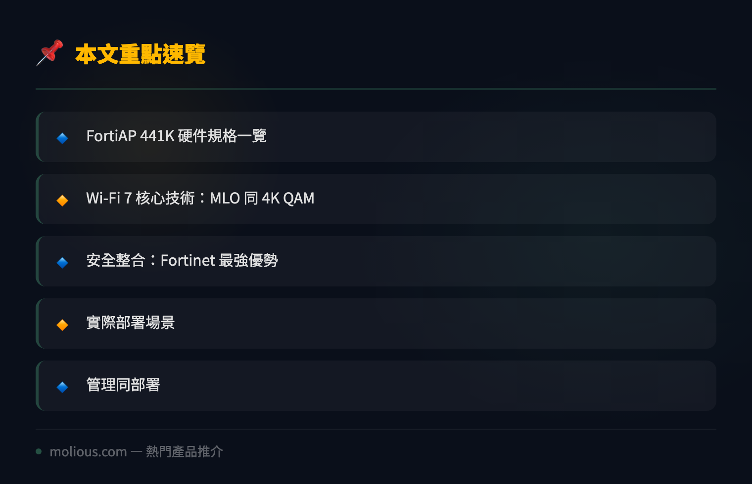 Fortinet FortiAP 441K 全面評測:Wi-Fi 7 企業級 AP 三頻 12 流極速實測 - 文章重點速覽 infographic