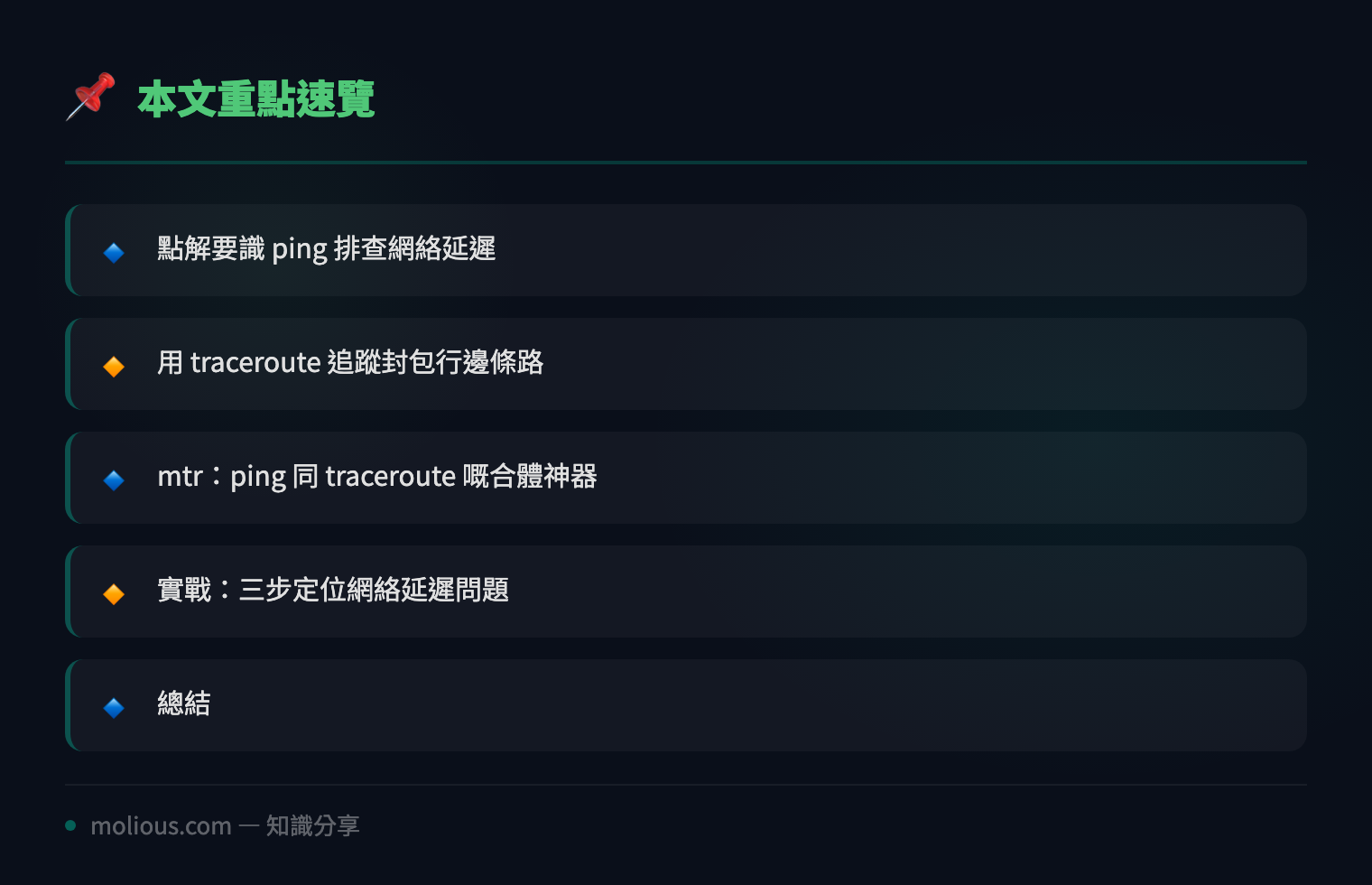 用 Linux 指令快速排查網絡延遲問題:ping、traceroute、mtr 實戰教學 - 文章重點速覽 infographic