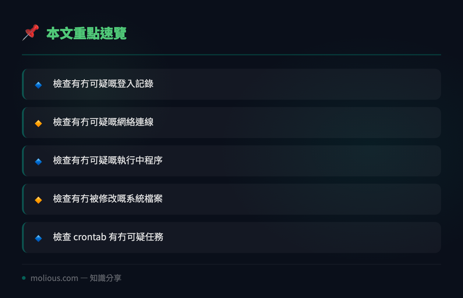 用 Linux 指令快速檢查伺服器有冇俾人入侵 - 文章重點速覽 infographic