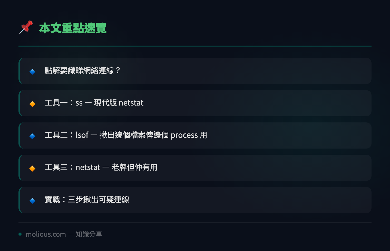 用 Linux 內建工具揪出可疑網絡連線 ss lsof netstat 實戰教學 - 文章重點速覽 infographic