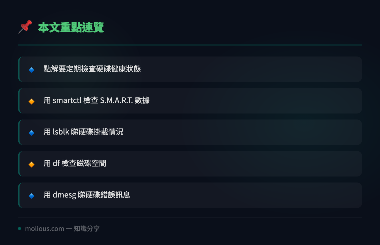 用 Linux 指令快速檢查伺服器硬碟健康狀態 - 文章重點速覽 infographic