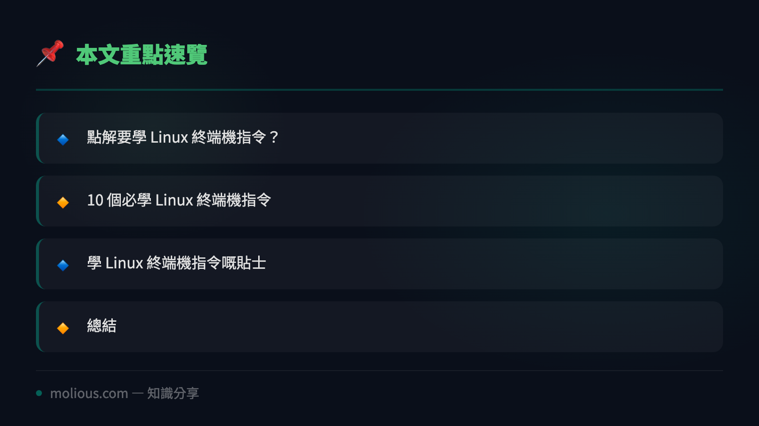 Linux 入門必學:10 個你一定要識嘅終端機指令 - 文章重點速覽 infographic