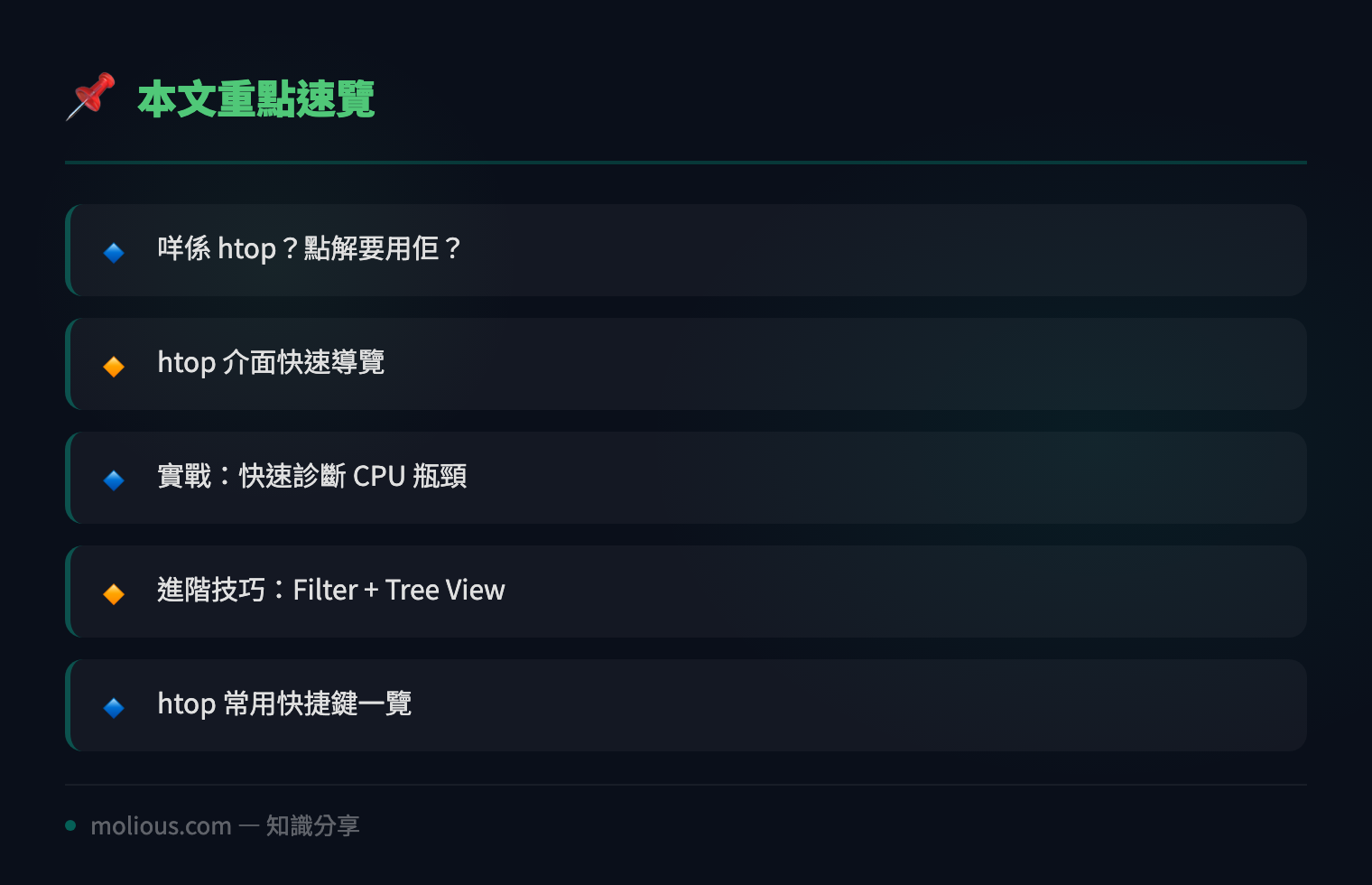 Linux 系統效能監控:用 htop 快速診斷伺服器瓶頸 - 文章重點速覽 infographic