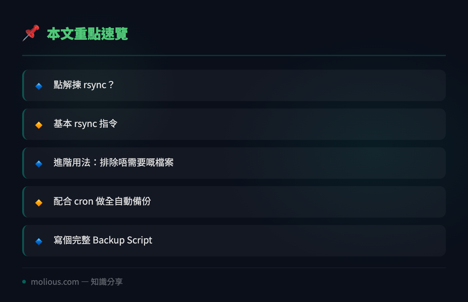 Linux 自動備份實戰：用 rsync 配合 cron 定時同步檔案 - 文章重點速覽 infographic