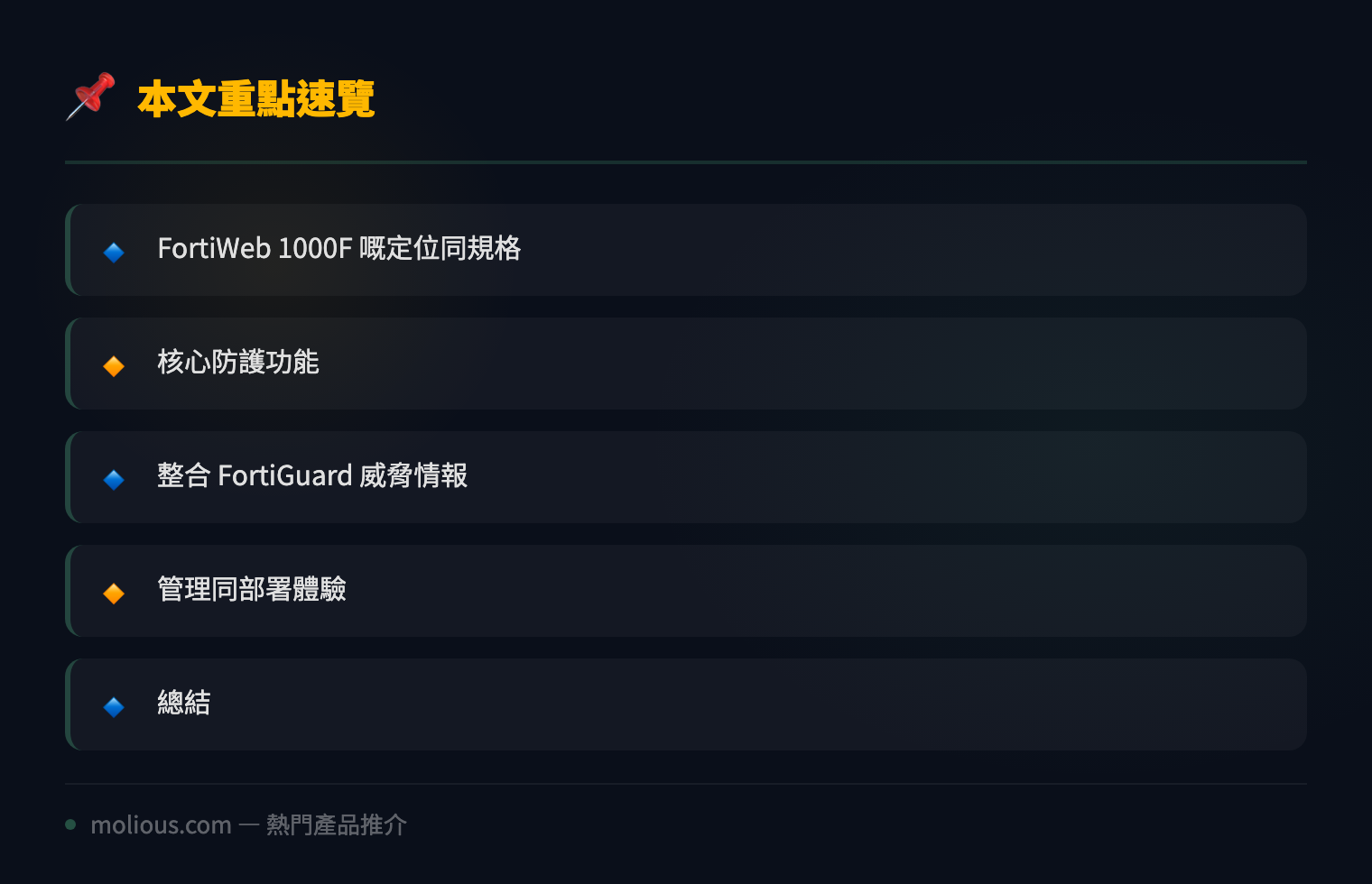 Fortinet FortiWeb 1000F 深度評測:企業級 Web 應用防火牆嘅實力之選 - 文章重點速覽 infographic
