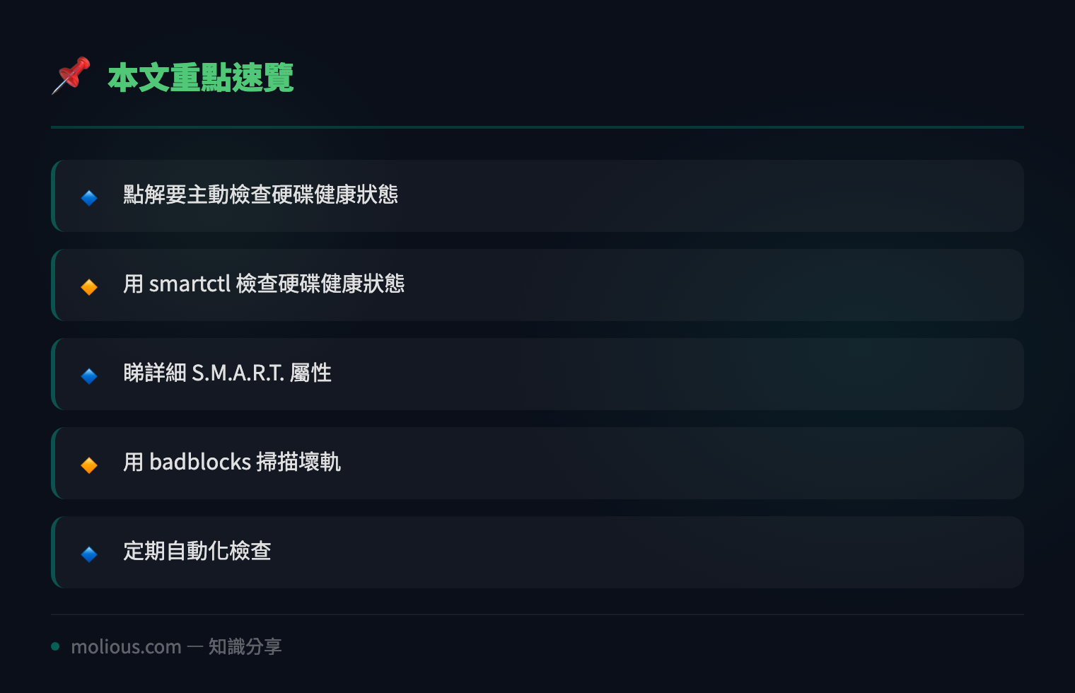 用 Linux 指令快速檢查伺服器硬碟健康狀態 - 文章重點速覽 infographic