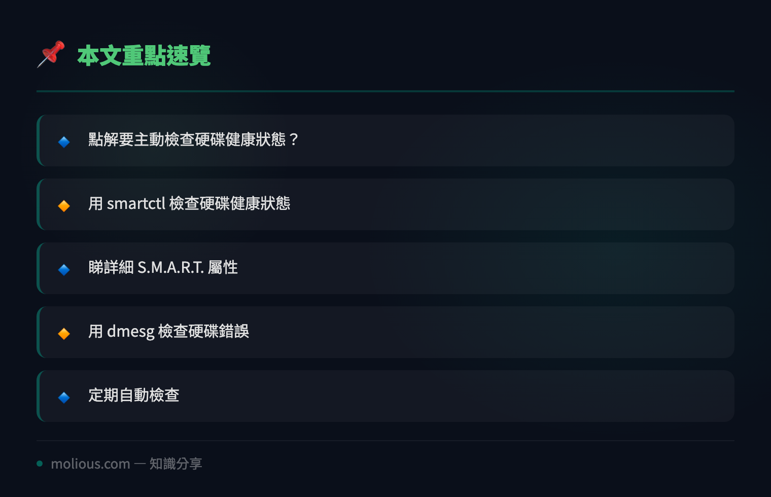 用 Linux 指令快速檢查伺服器硬碟健康狀態 - 文章重點速覽 infographic