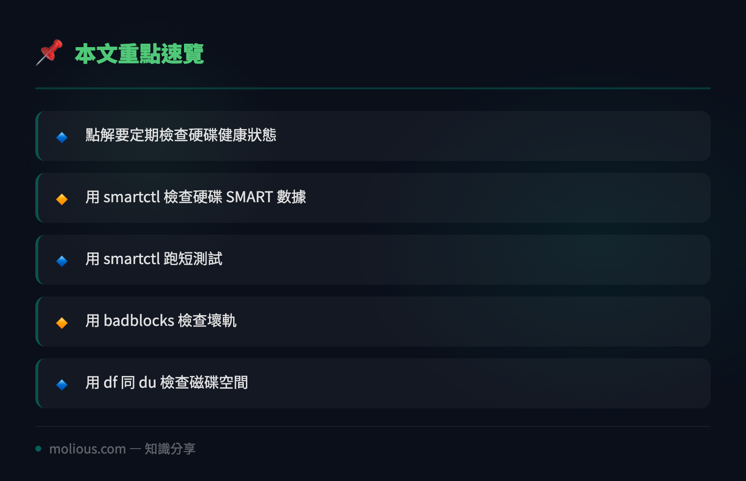 用 Linux 指令快速檢查伺服器硬碟健康狀態 - 文章重點速覽 infographic