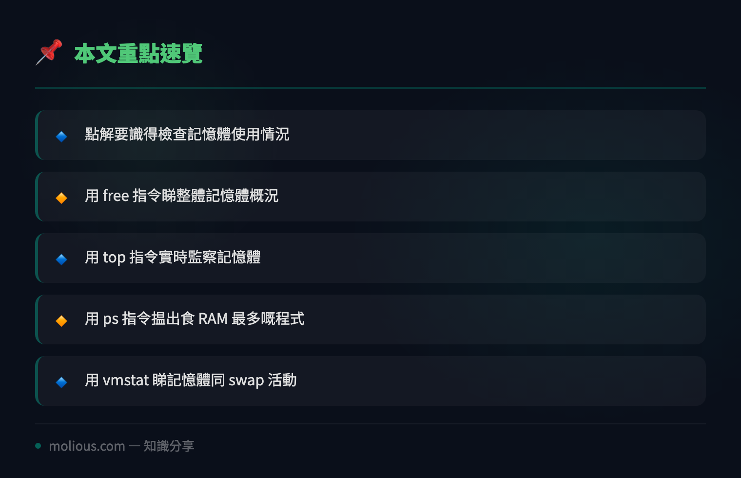 用 Linux 指令快速檢查伺服器記憶體使用情況 - 文章重點速覽 infographic