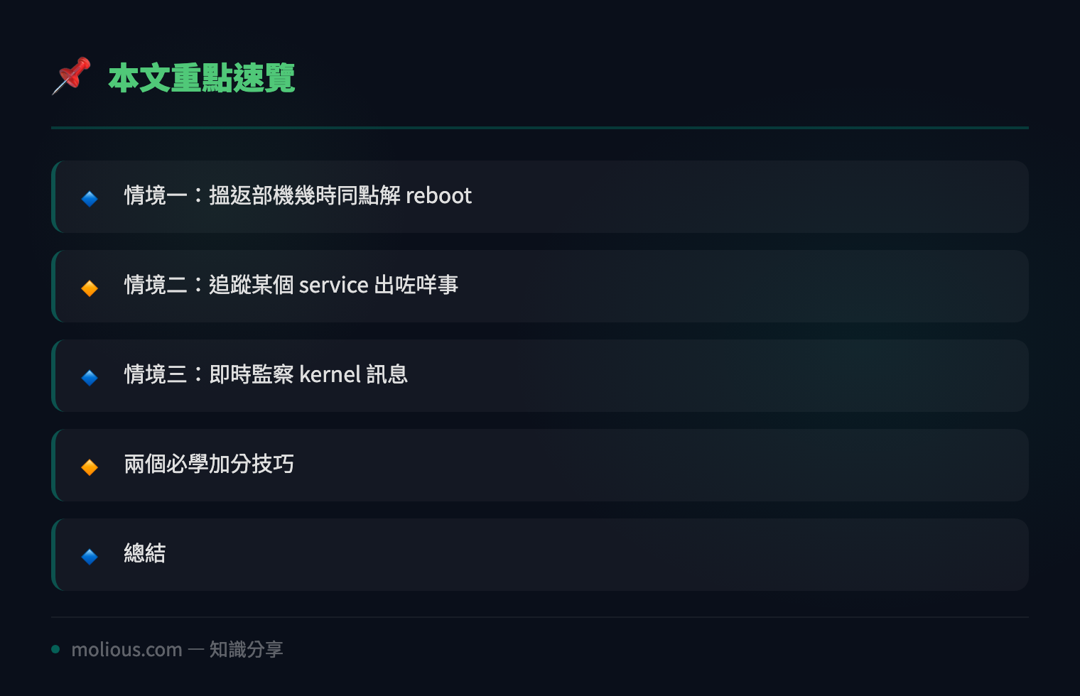 用 Linux journalctl 查系統 Log 完全教學:三個實用情境話你知點查 - 文章重點速覽 infographic