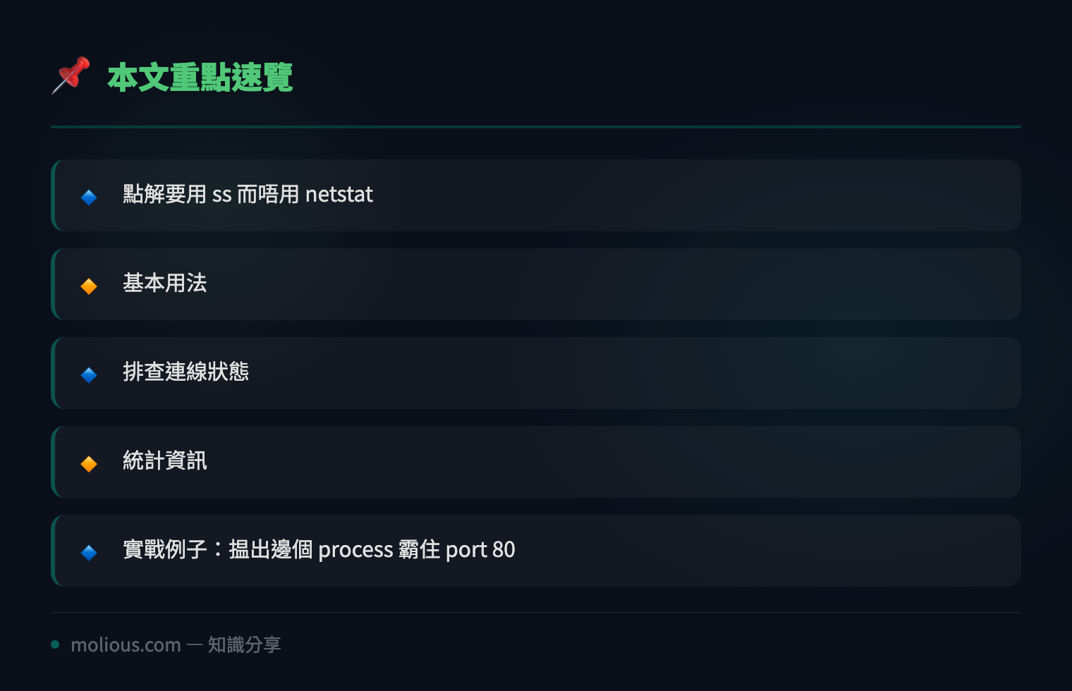Linux ss 命令網絡排錯教學 - 文章重點速覽 infographic