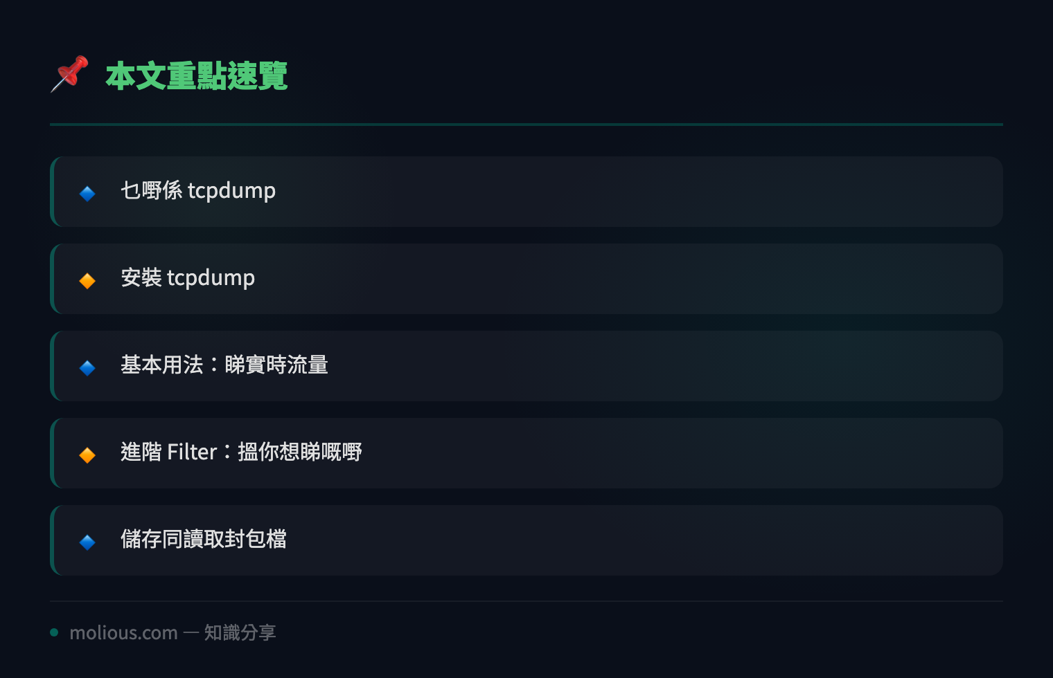 用 Linux 指令查網絡流量：tcpdump 入門教學 - 文章重點速覽 infographic