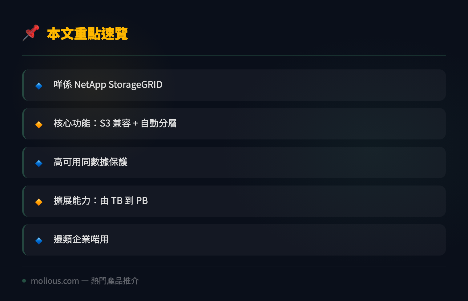 NetApp StorageGRID 深度評測:企業級物件儲存平台全面睇 - 文章重點速覽 infographic