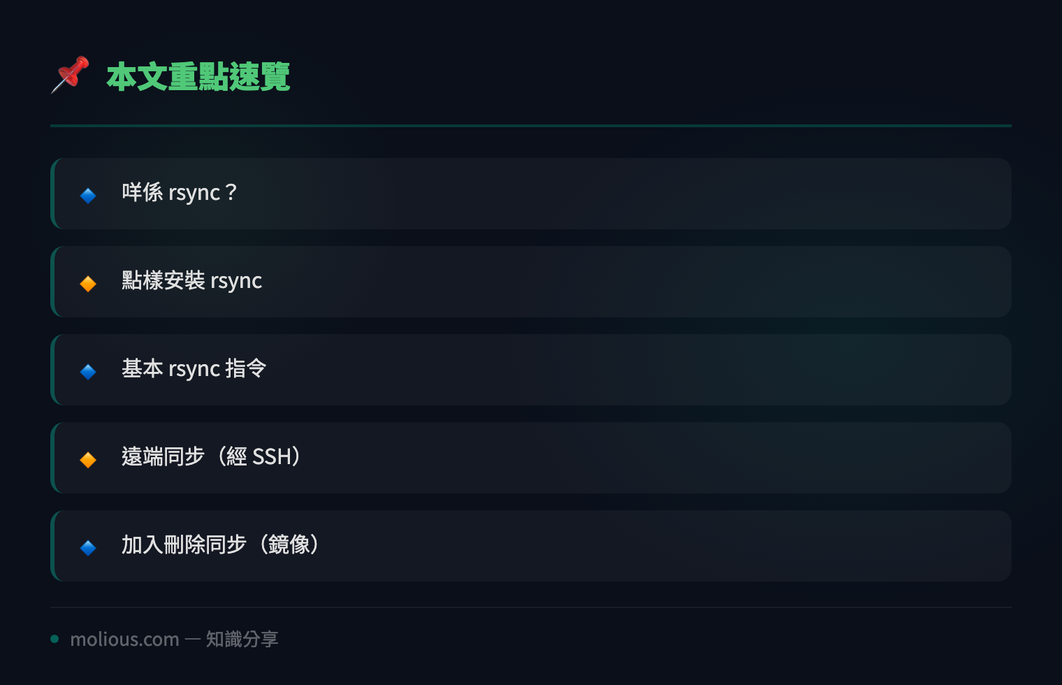 用 rsync 做檔案同步,慳錢又高效 - 文章重點速覽 infographic