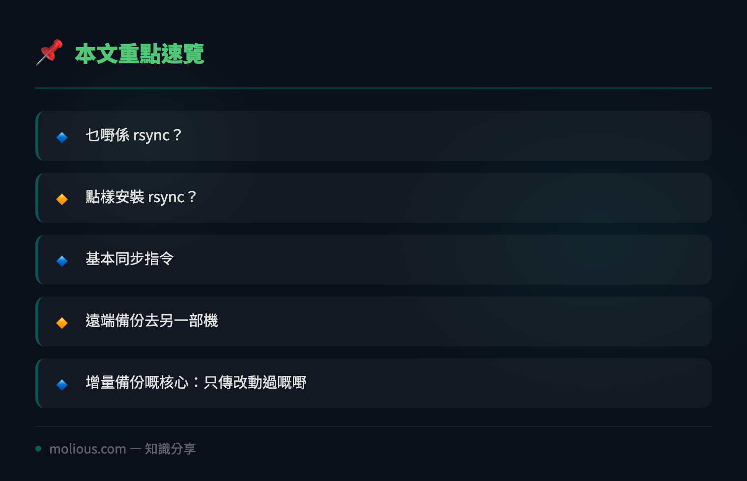 用 rsync 做 Linux 伺服器備份教學 - 文章重點速覽 infographic