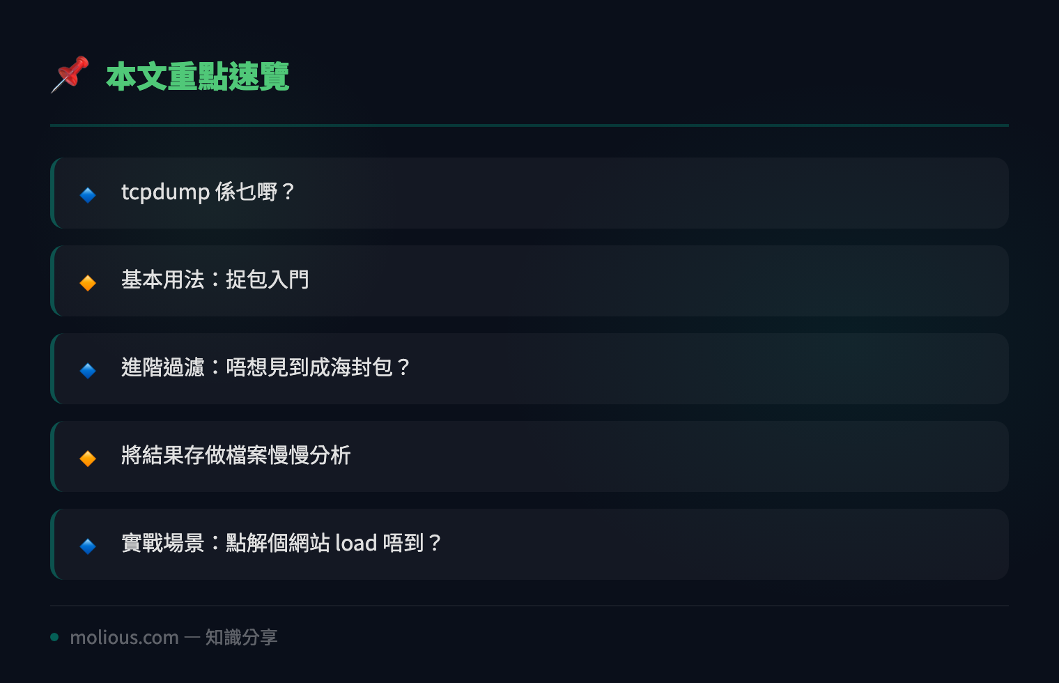 用 tcpdump 捉包：IT 人必學嘅網絡排錯神技 - 文章重點速覽 infographic