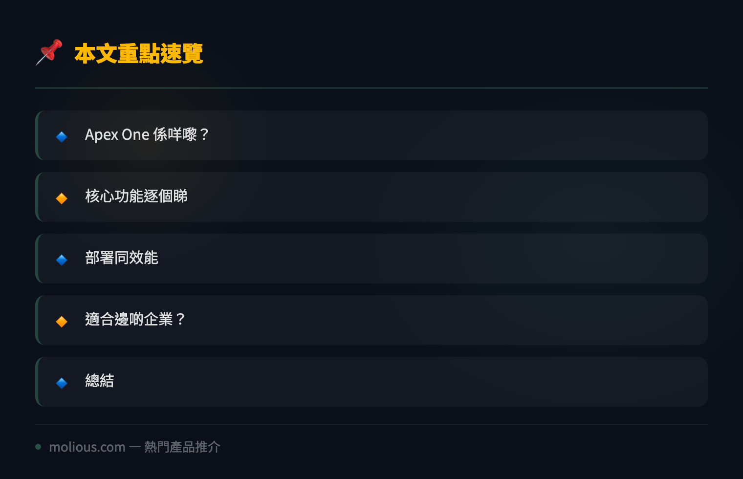 Trend Micro Apex One 深度評測：企業端點防護嘅全能守護者 - 文章重點速覽 infographic