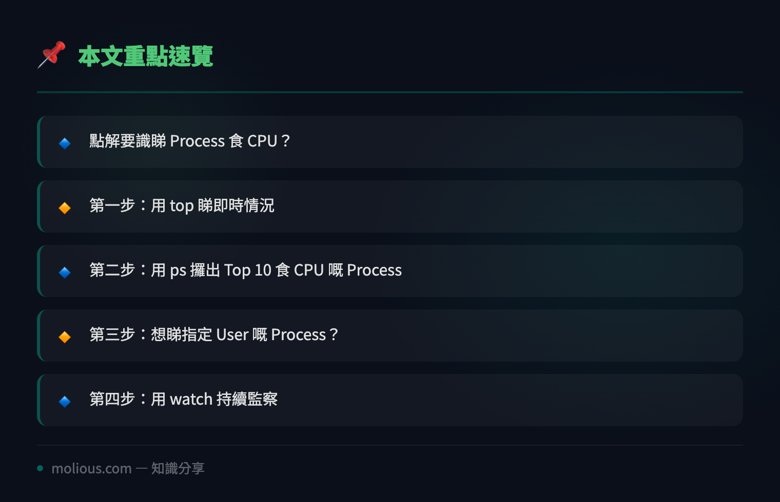 用 Bash 一行指令快速揪出 Linux 伺服器上最食 CPU 嘅十個 Process - 文章重點速覽 infographic