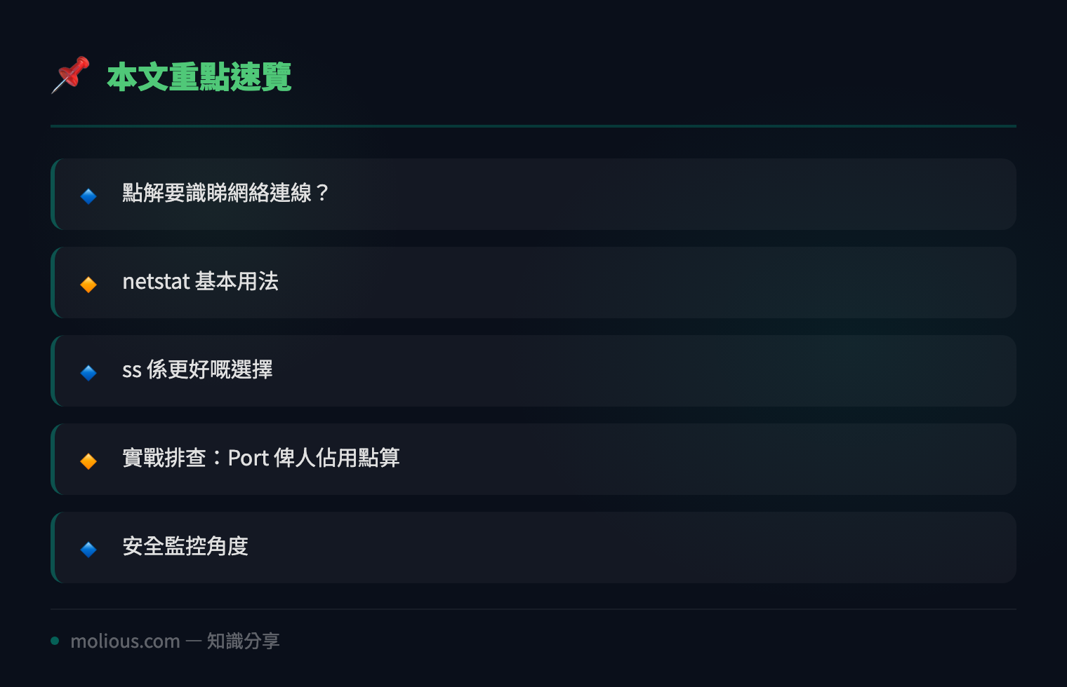 Linux 網絡連線排查教學：netstat 同 ss 實戰用法 - 文章重點速覽 infographic
