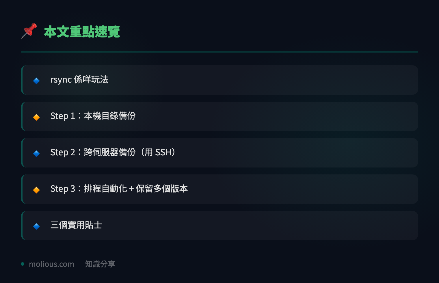 用 rsync 做 Linux 伺服器增量備份：三個 command 搞掂成個流程 - 文章重點速覽 infographic