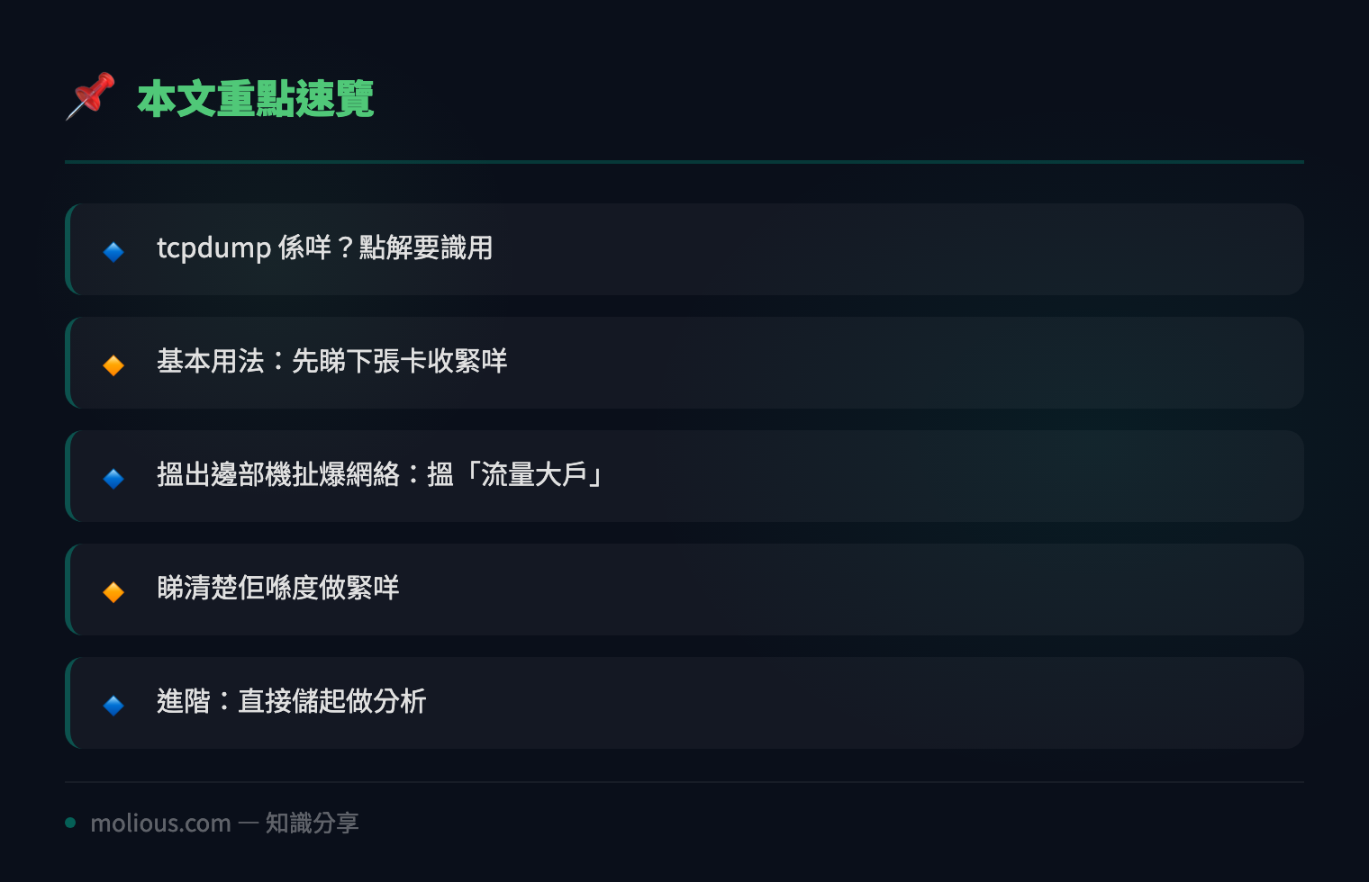 教你用 tcpdump 即場捉包:五分鐘搵出邊部機扯爆你條網絡 - 文章重點速覽 infographic